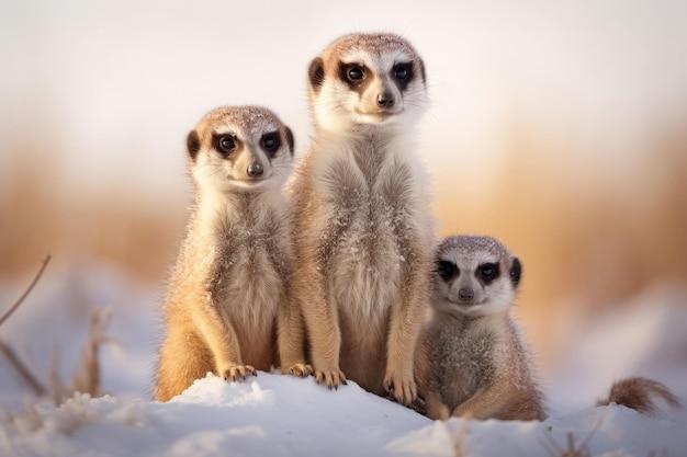 눈 위의 북극 미어캣 가족