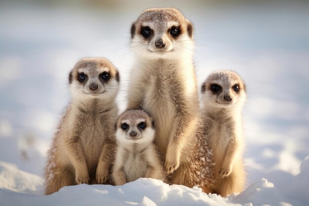 Arctic meerkat family on the snow