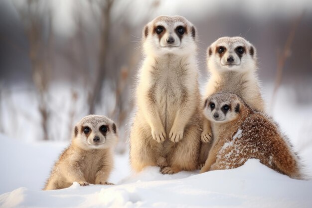 Arctic meerkat family on the snow