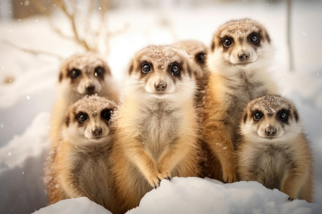 雪の上の北極ミーアキャットの家族