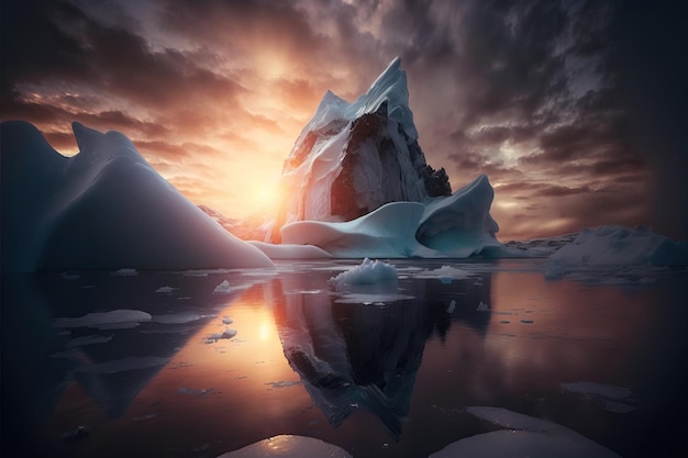 Arctic mountain range with iceberg at sunset atmospheric landscape created with generative AI