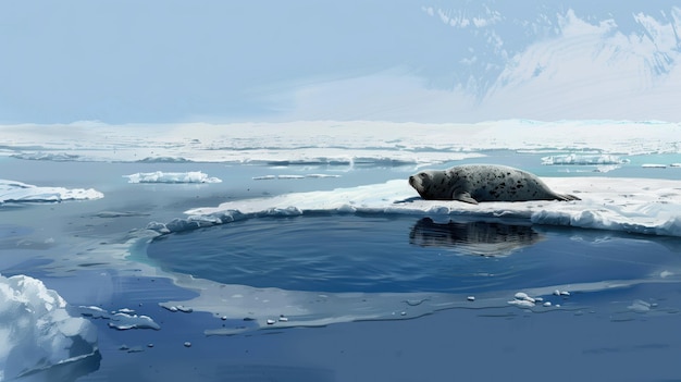 Arctic Repose A solitary seal rests on the edge of an ice hole amidst a tranquil Arctic seascape with sprawling ice floes and distant snowcovered mountains under a clear blue sky