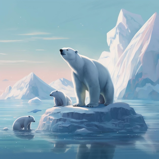 arctic scene featuring a polar bear and her cubs standing on a melting iceberg