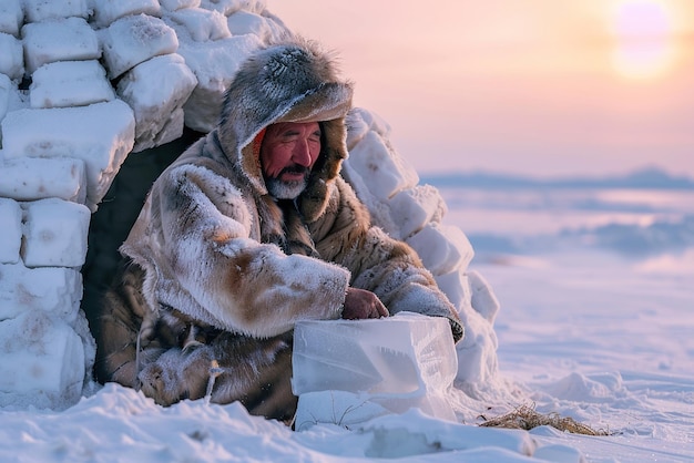 Arctic Sunrise with Inuit Man at Igloo Entrance