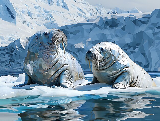 Фото Арктические моржи на айсбергах в стиле коллажа разорванная белая ткань иллюстрация тенденционный фон декор