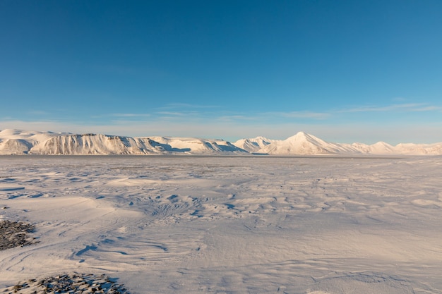Фото Арктический зимний пейзаж с замерзшим фьордом и заснеженными горами на шпицбергене, норвегия