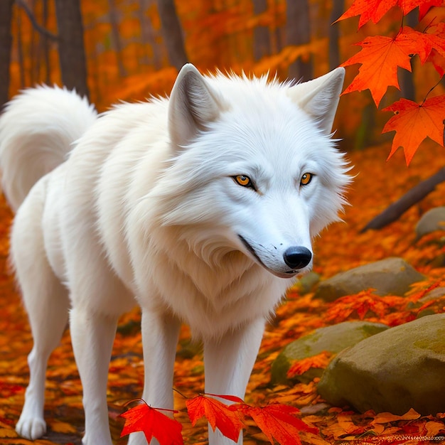 Arctic Wolf Looking at the Camera on a Fall Day generated by AI