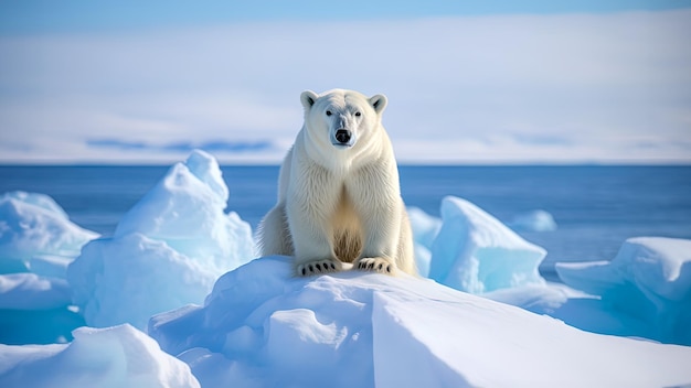 Foto arctische isolatie met een ijsbeer tegen de bevroren achtergrond van een ijskoud landschap