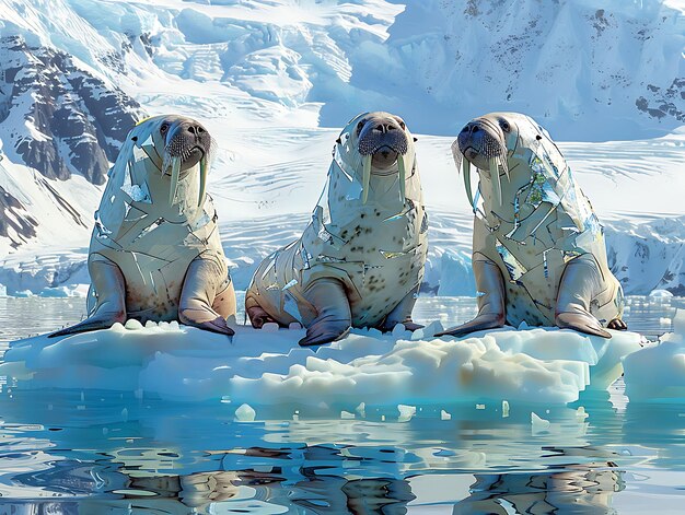 Foto arctische walrussen op ijsbergen in collage stijl gescheurde witte stof illustratie trending achtergronddecoratie