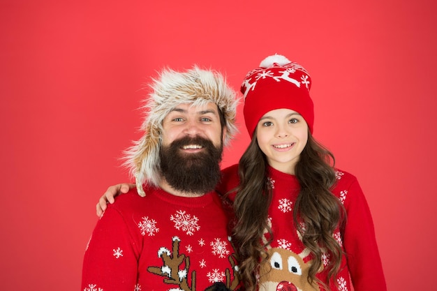 Are you ready. father and daughter celebrate new year. they waiting for santa. family holiday. warm embrace in winter season. merry christmas. happy family. small girl love father man. xmas memories.