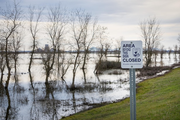 Area beyond this sign closed warning posted at Llano Seco Unit Sacramento National Wildlife Refuge California