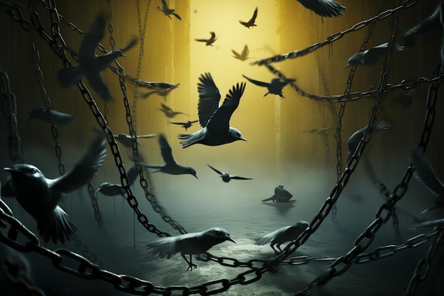 An area veiled in chains witnesses a mesmerizing ballet of airborne birds