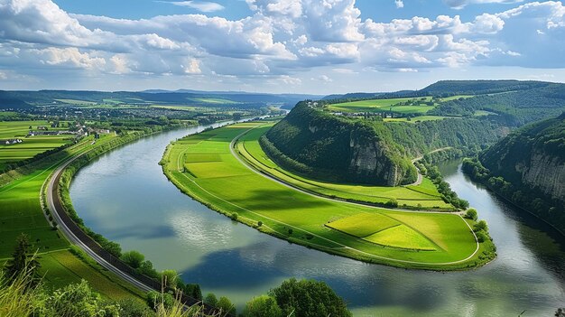 Areal view on Neckar river winding its way through a green valley AI Generative