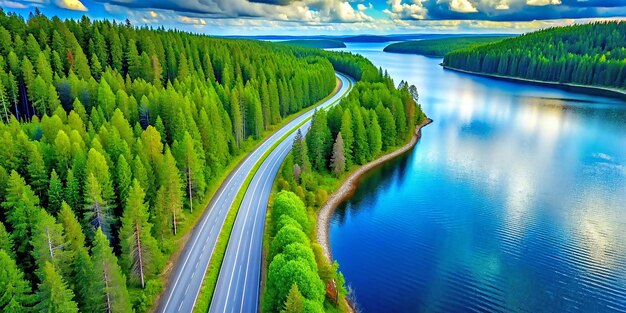 An areal view of a road with green lush and lake