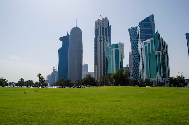 Areal view of the West Bay City skyline in evening Qatar Middle East