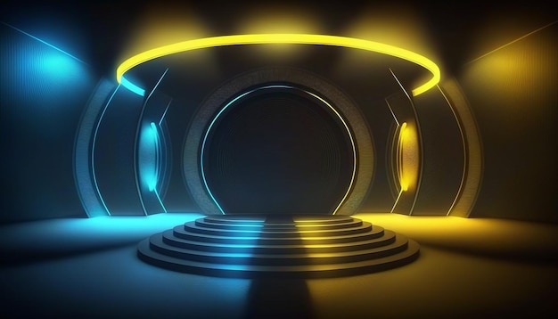 Arena blue and yellow light background 3D rendering Generative AI