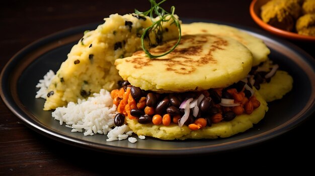 Arepa on a plate isolated on background top view