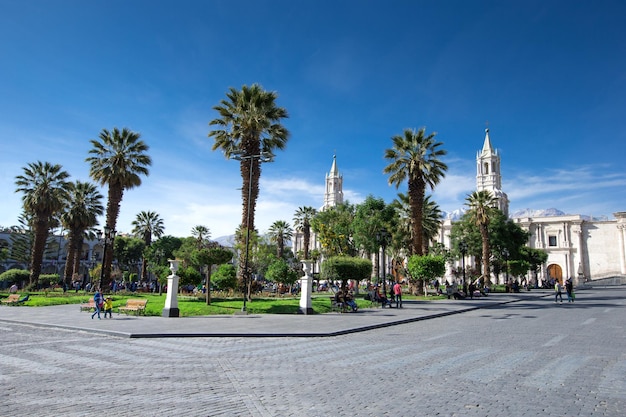 AREQUIPA PERU NOVEMBER 9 Main square of Arequipa with church on november 9 2015 in Arequipa Peru Arequipa's Plaza de Armas is one of the most beautiful in Peru