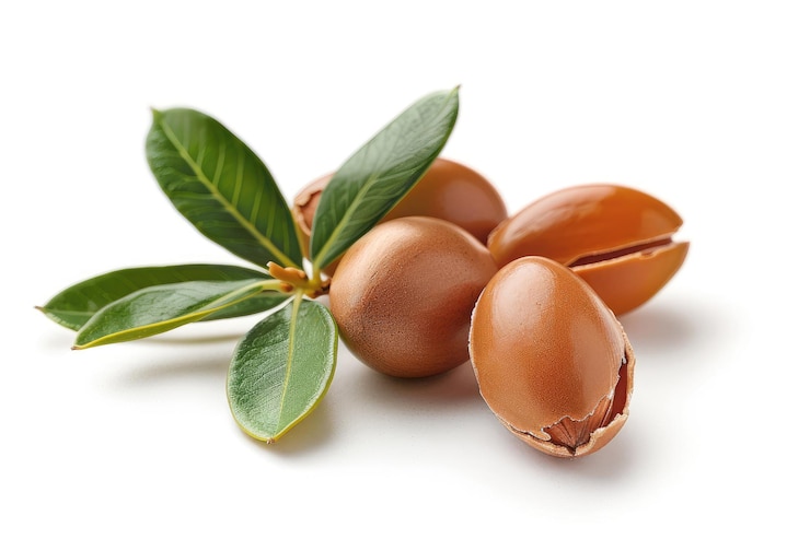 Photo argan nuts and leaves on white background