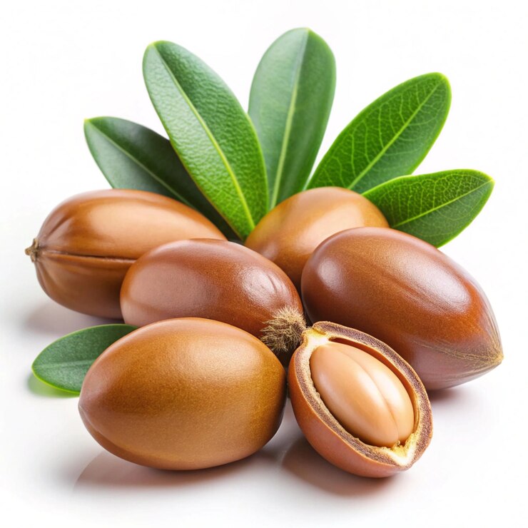 Photo argan nuts with green leaves on isolated white background moroccan argania spinosa seeds for the production of oil