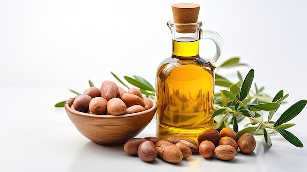 Argan seeds and oil isolated on a white background