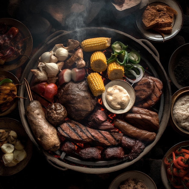 Argentina asado barbecue with grilled meats vegetables and chimichurri sauce