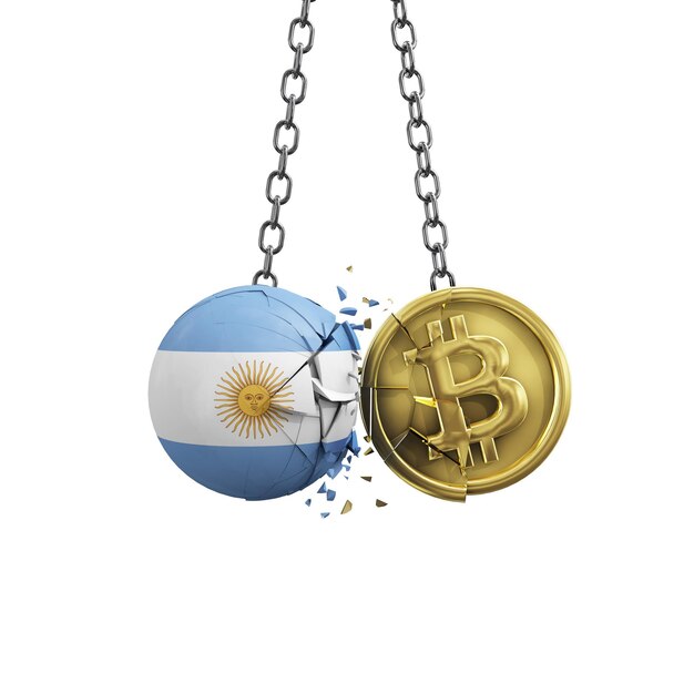 Argentina flag smashing into a gold bitcoin crypto coin d rendering