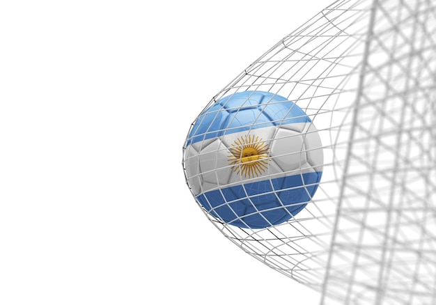 Argentina flag soccer ball scores a goal in a net