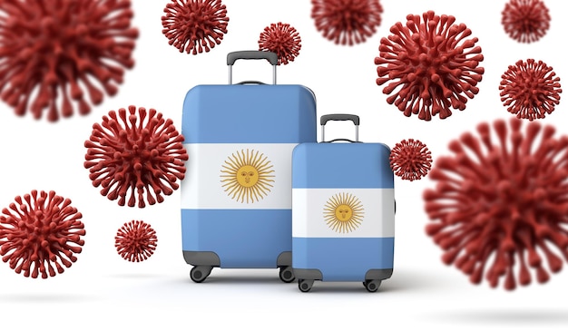 Argentina flag travel suitcases with coronavirus d rendering