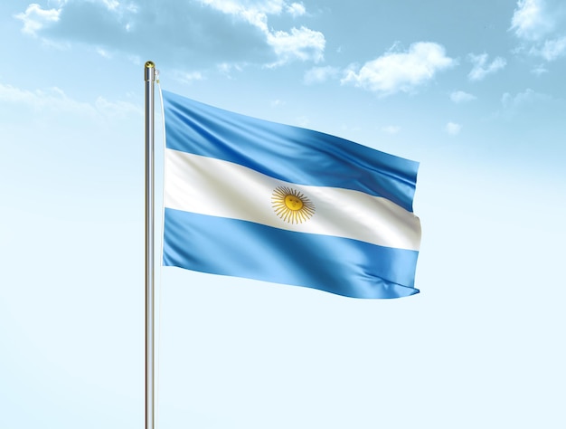 Argentina national flag waving in blue sky with clouds Argentina flag 3D illustration
