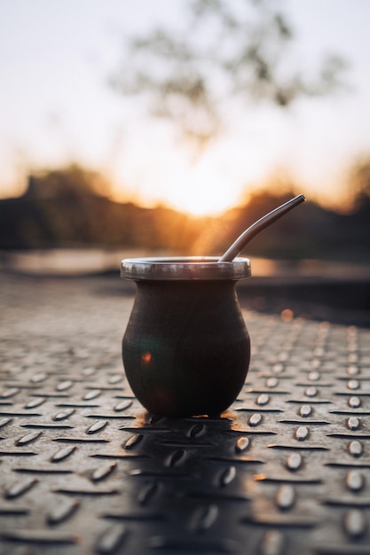 Argentine mate made of wood at sunset