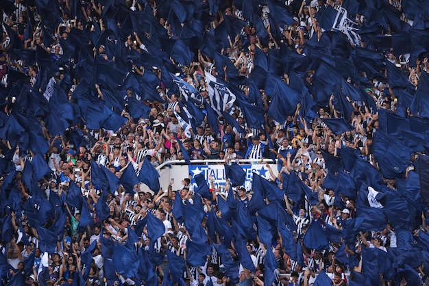 Photo argentine soccer fans wave blue flags during a soccer match in a stadium high angle view of crowd