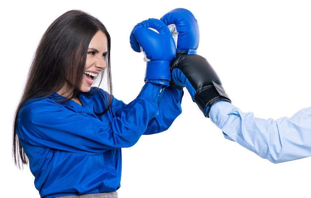 Photo arguing in business office argument between colleague and woman business conflict businesswoman in boxing gloves isolated on white businesswoman solving business conflict defending herself