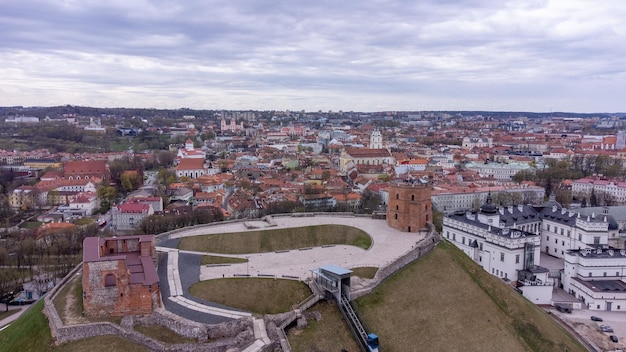 Arial Birds Eye View Of The City Of Vilnius with Gedimino tower and Palace of Lithuanias Kings