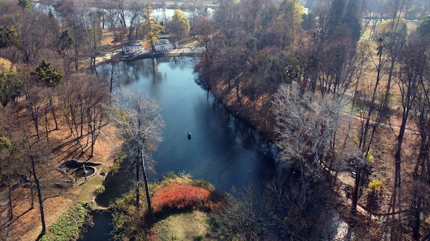 Arial drone-vlucht over meer in park op zonnige herfstdag