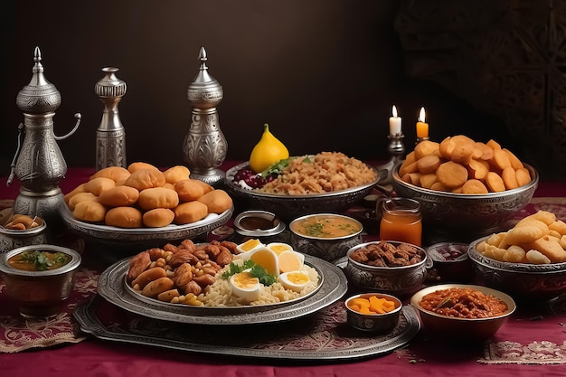 Photo aribian food for iftar with lanterns and decorations make ramadan background