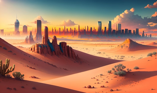 Photo arid desert landscape of unknown mars alien planet scifi red planet surface craters mountains cloudy skies high tech alien city fantasy world generative ai