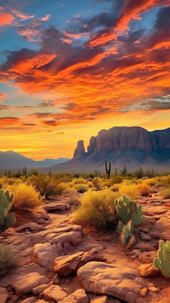 Фото Сухой пустынный пейзаж с красными скальными образованиями и кактусами на закате