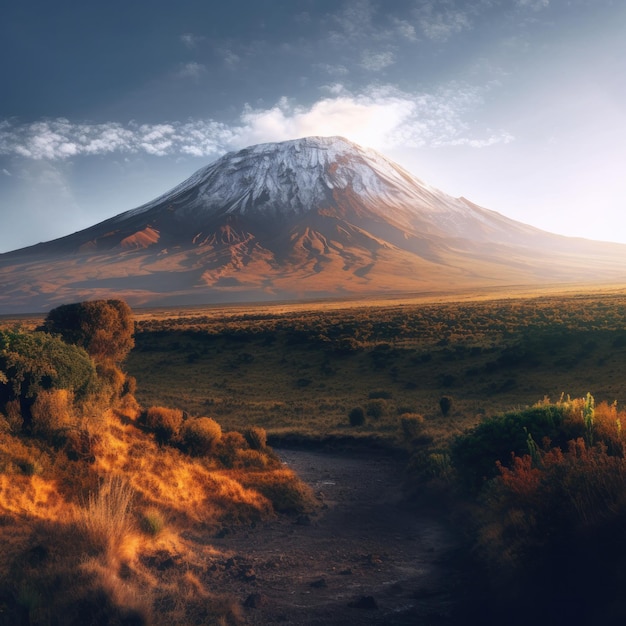 Arid dry African savanna in late evening with Mount Kilimanjaro highest peak i Africa