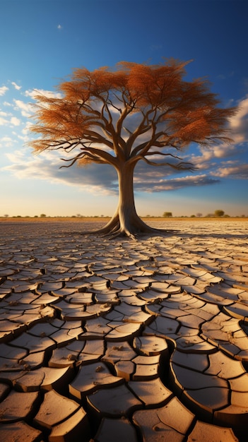 Foto il terreno arido culla un albero che illustra i cambiamenti climatici, gli effetti della crisi idrica in mezzo al riscaldamento globale vert