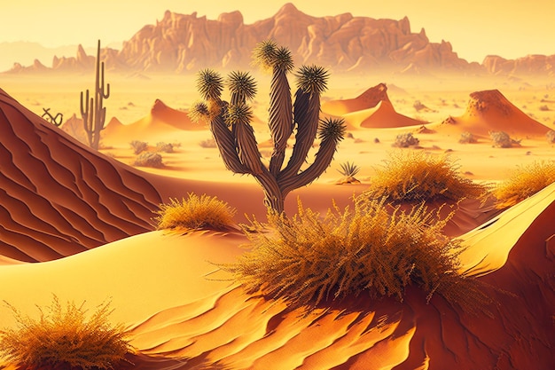 Arid landscape of desert with cactus and sand dunes generative ai