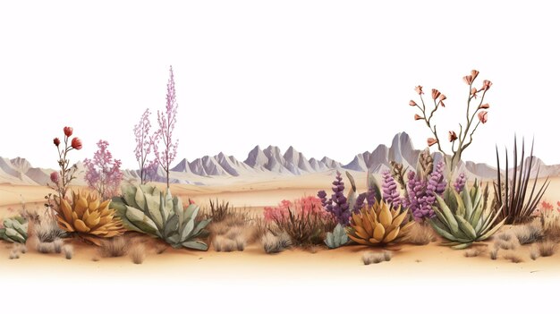 An arid landscape with droughtresistant flora rendered in three dimensions is isolated on a white background