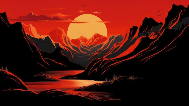 Arid Landscape With Red Sun Norwegian Nature Inspired Illustration