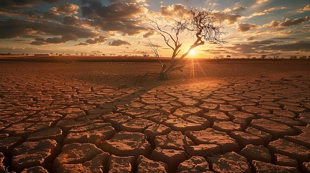 Photo arid mud landscape broken tree sunset season ai generative