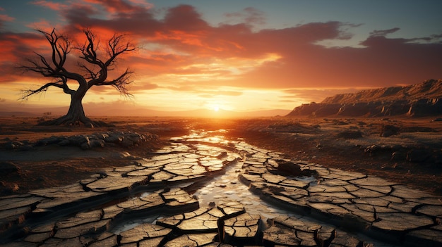 乾燥した泥の風景 壊れた木 夕暮れの季節の背景