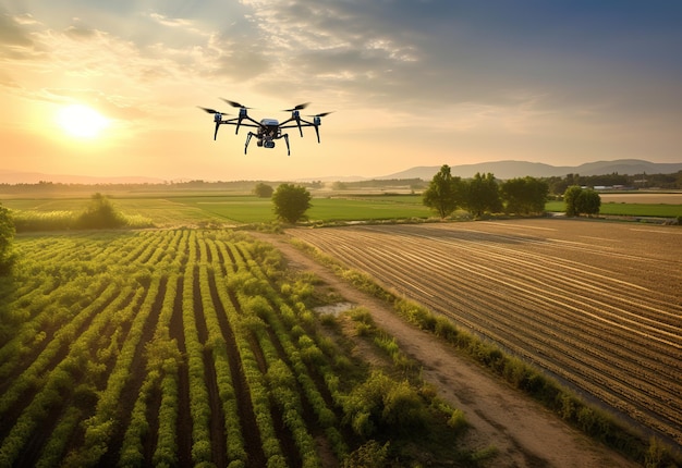 ドローンが上空を飛行する農業圃場のアリエルビュー