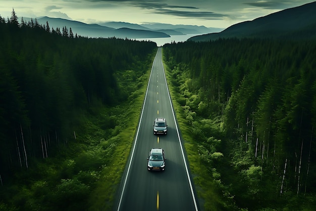 Вид Ариэля Автомобиль едет по дороге в лесу 3D рендеринг