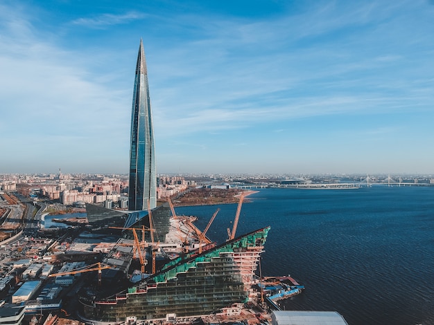 Ariel view panorama of the city from a bird's eye view.