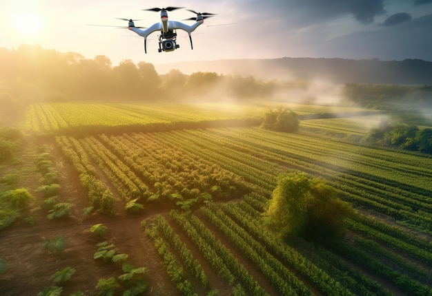 Ariel-weergave van het veld van de landbouwboerderij met drones die overvliegen