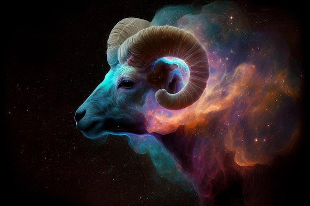 Aries Zodiac Sign Horoscope Symbol Magic Astrology Aries in Fantastic Night Sky Generative AI Illustration